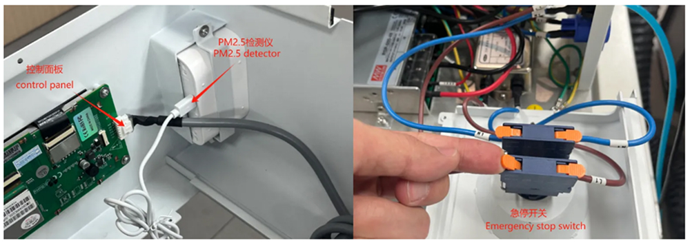 OneLaser internal wiring showing emergency stop switch, touchscreen cable, and PM2.5 detector connections to disconnect