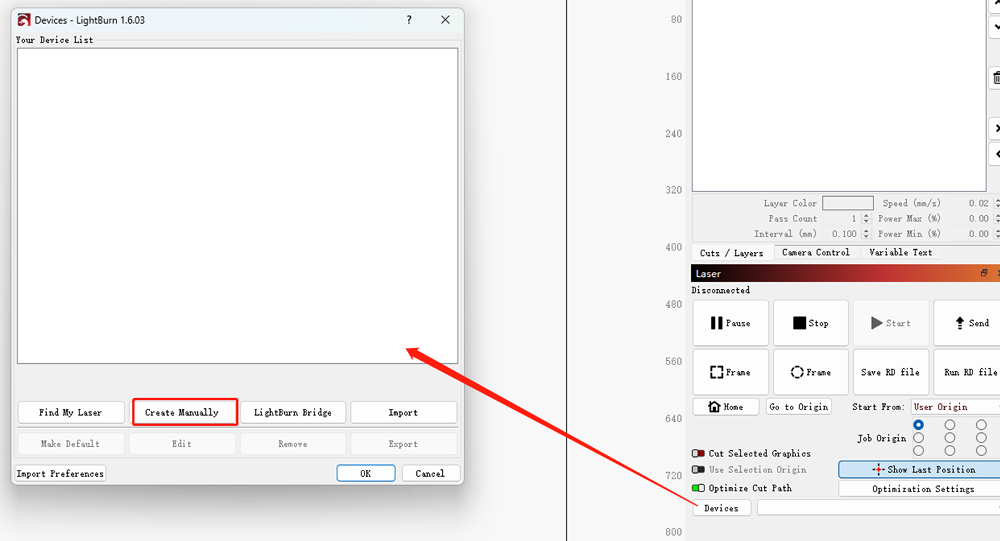 Opening LightBurn software to create device connection
