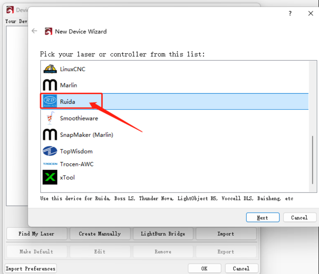 Selecting Ruida controller in LightBurn
