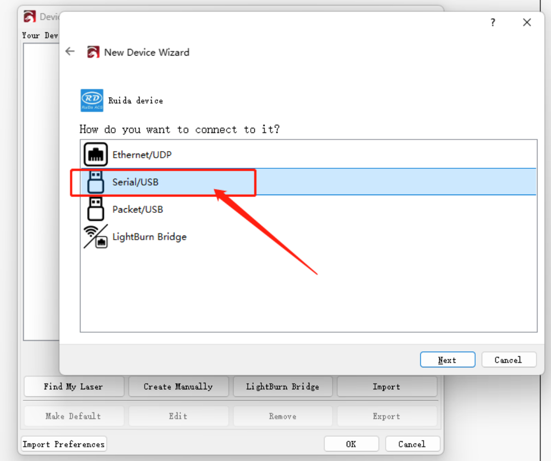 Choosing Serial USB connection option in LightBurn