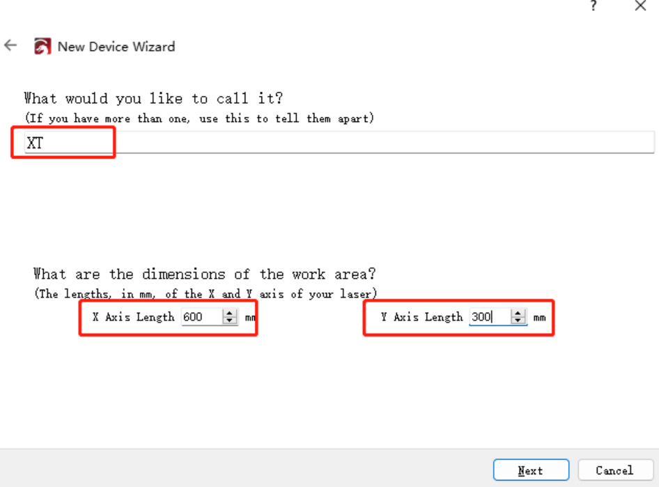 Entering device name and work area size for OneLaser X Series