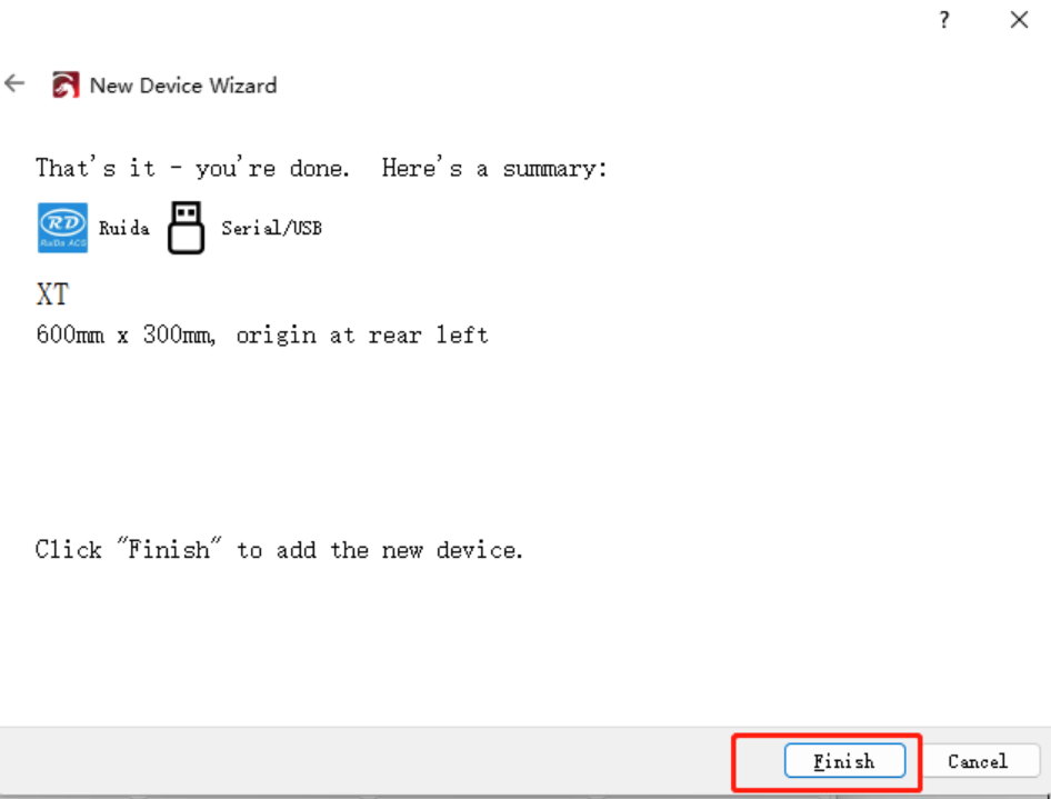 LightBurn device setup completion screen