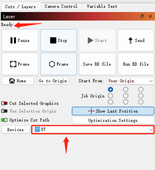 LightBurn showing OneLaser XT device ready status