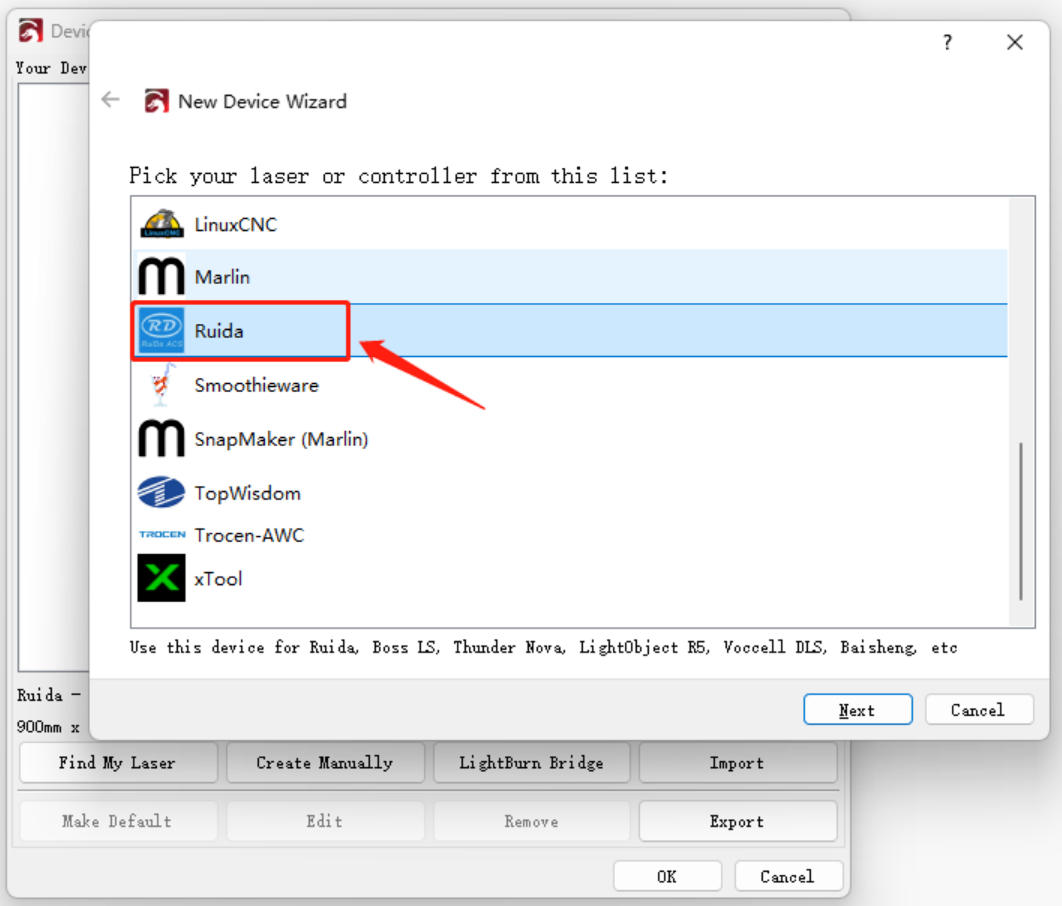 Select Ruida controller in LightBurn
