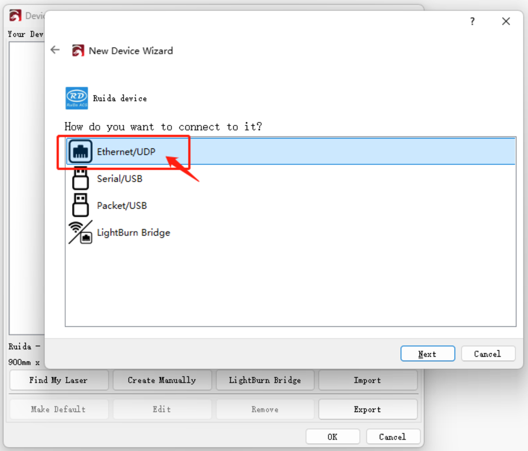 Choose Ethernet UDP connection option