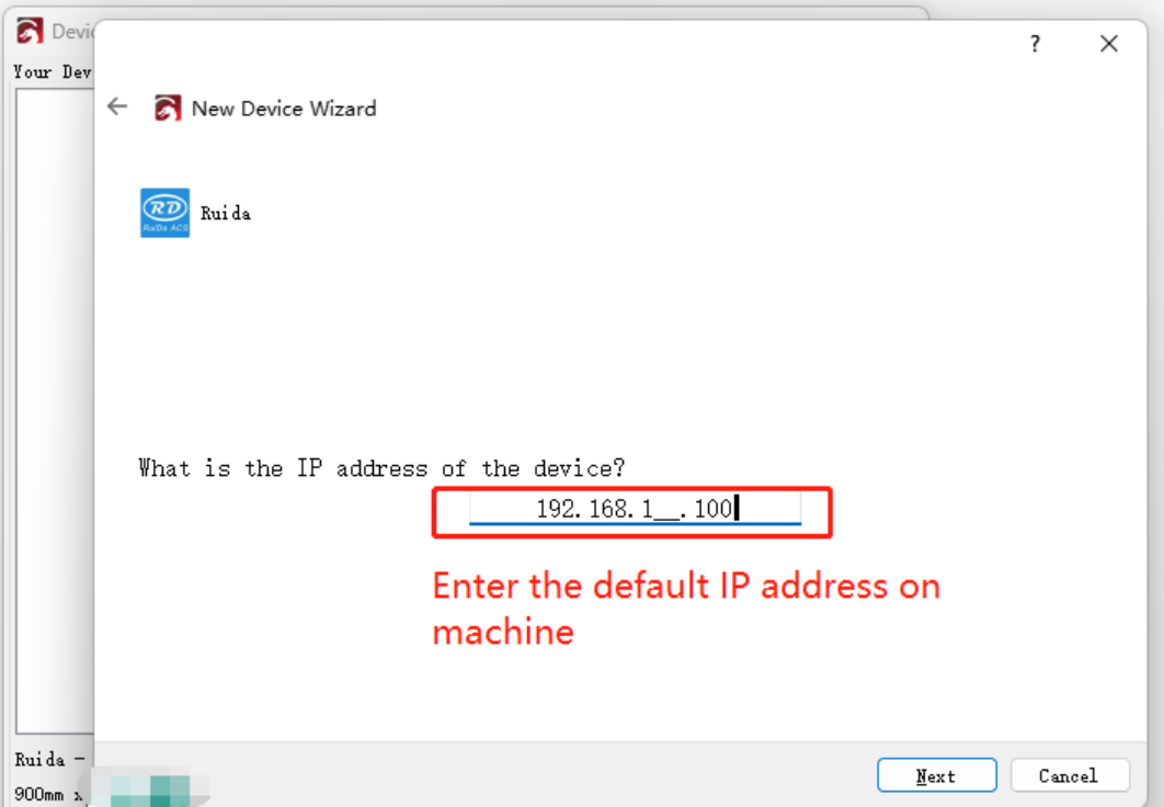 Enter OneLaser default IP address 192.168.1.100