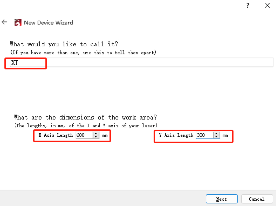 Set laser name and work area dimensions
