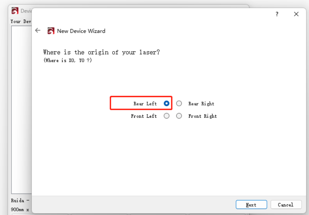 Choose Rear Left origin in LightBurn