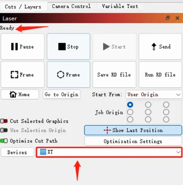 LightBurn ready status screen for OneLaser XT