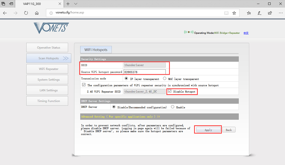 Enter WiFi password and disable hotspot settings