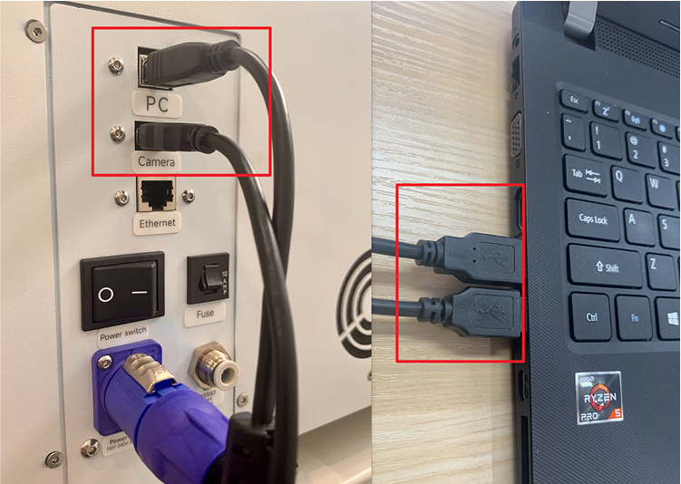 Connecting power, USB, and camera cables to OneLaser X Series machine