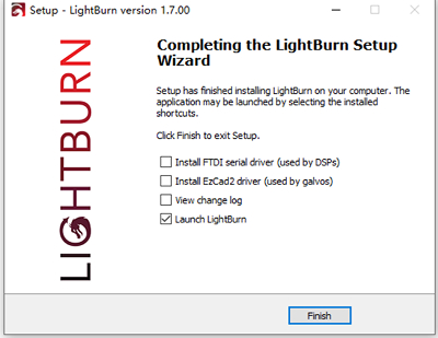 LightBurn installation completed screen