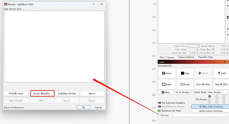 Opening LightBurn software to create device connection