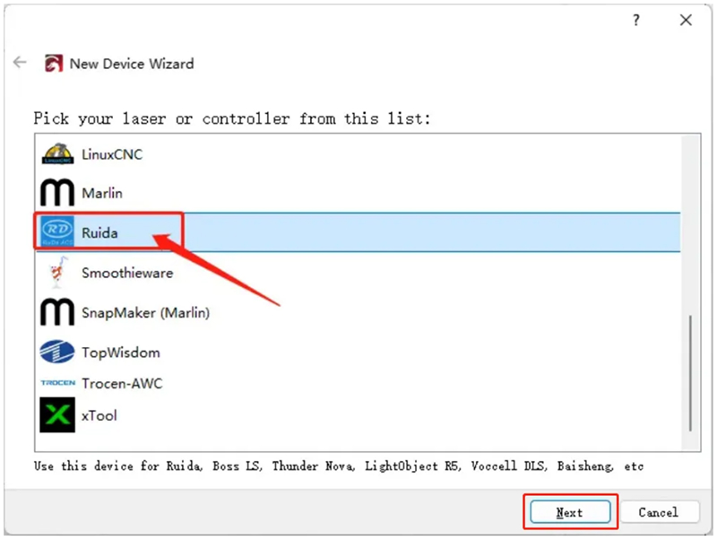 Selecting Ruida controller in LightBurn