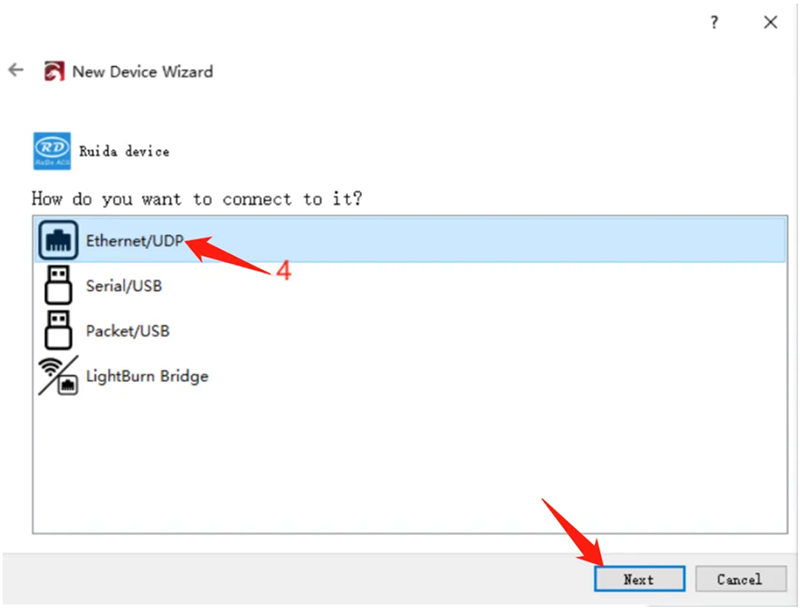 Choosing Ethernet UDP connection in LightBurn