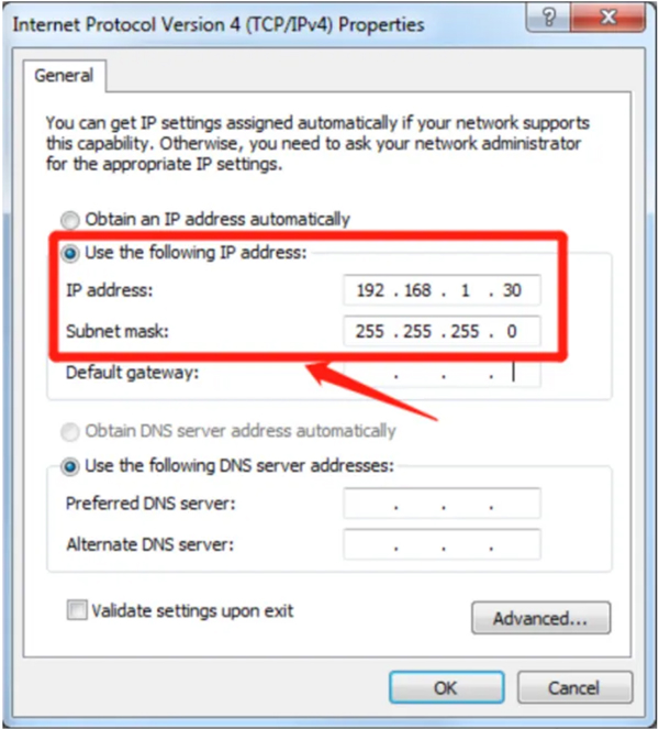 Manual IP address configuration example for Ethernet