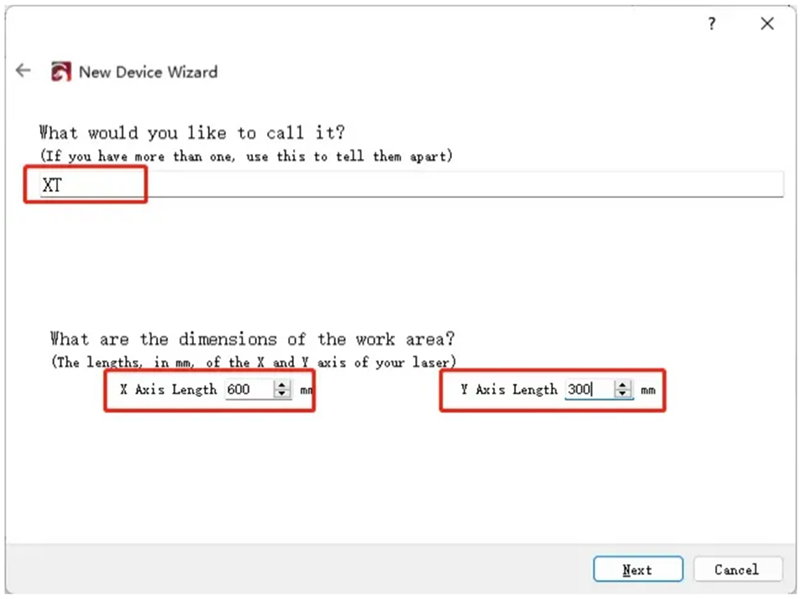 Naming laser device and setting work area size in LightBurn
