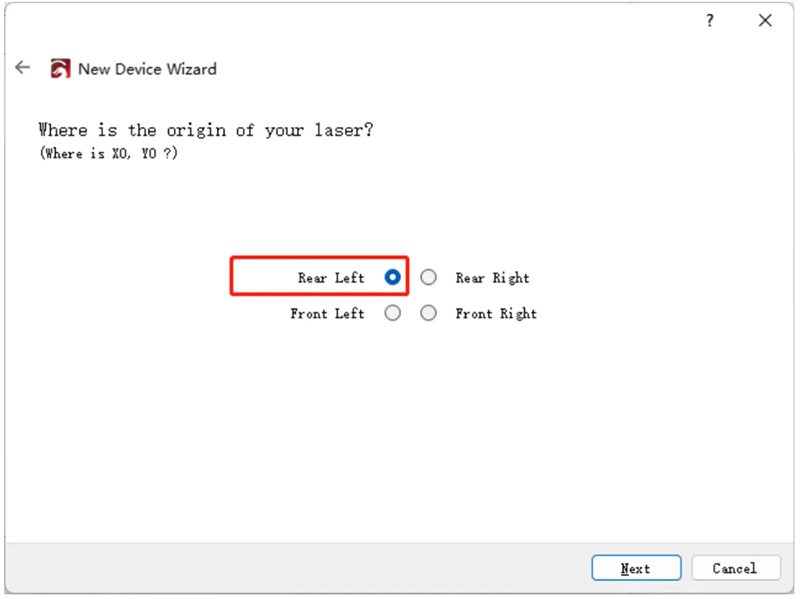 Selecting rear-left origin position in LightBurn