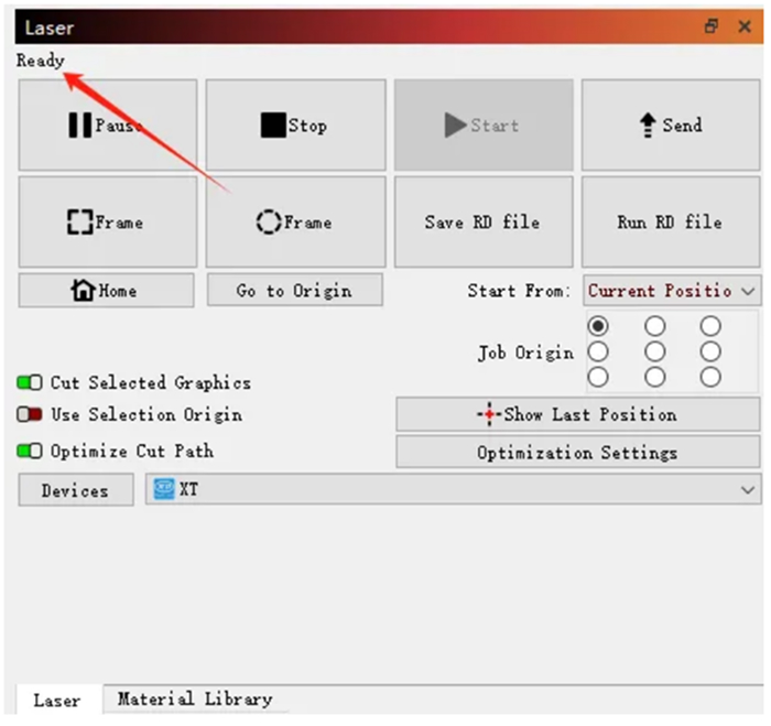 LightBurn showing laser ready status before starting project