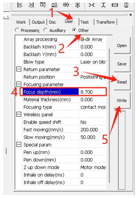 Entering focal length settings in laser control software