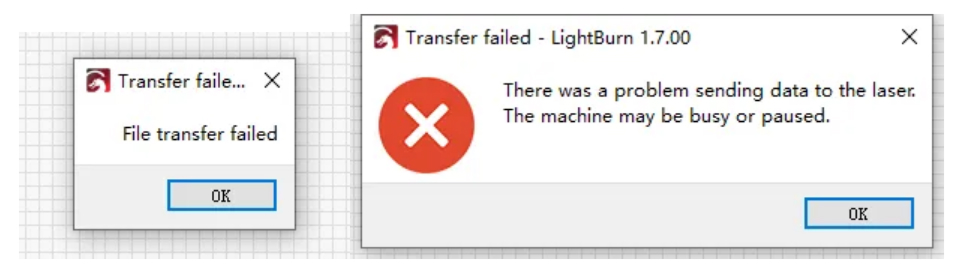 LightBurn file transfer failed message