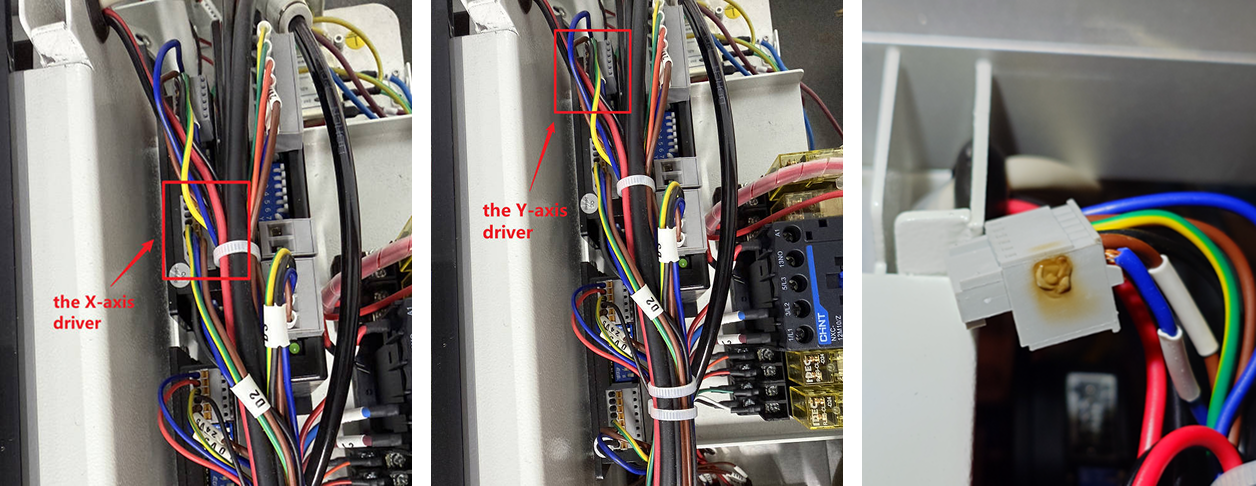 Burnt X-axis or Y-axis driver plug showing damage